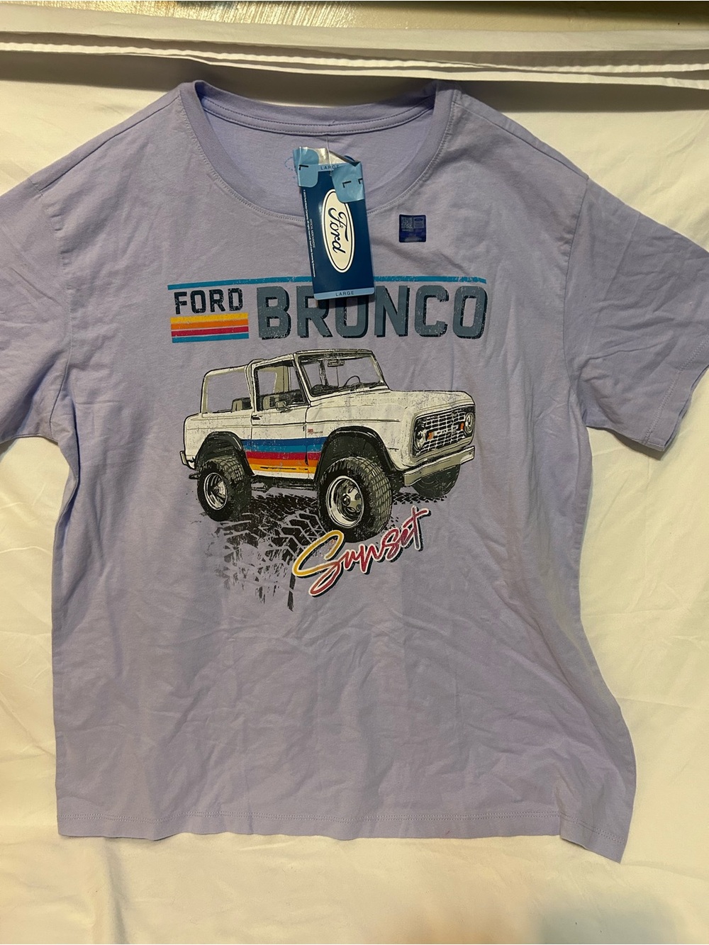 Ford Lavender Bronco Sunset Graphic Tee with Multicolor Stripe